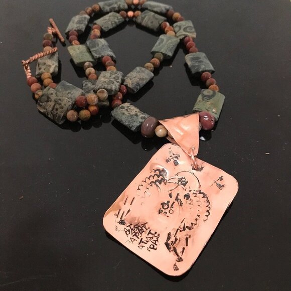 Copper Phoenix Eagle Dog Tag Mookite Jasper Necklace Long Gemstone - Picture 5 of 10